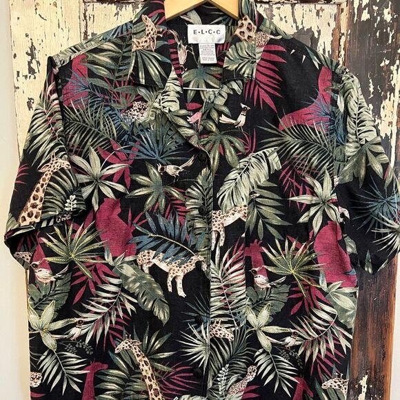 Women’s  E-L-C-C vintage jungle cheetah giraffe button down. Silk linen blend. - Picture 1 of 8